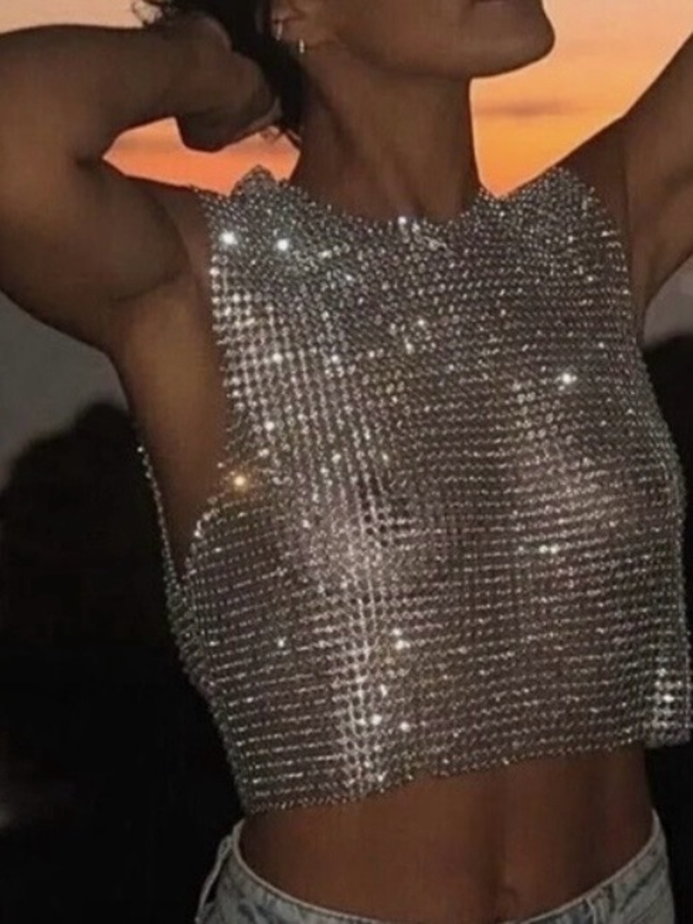 Crystal Mesh Crop Tank Top - Silver
